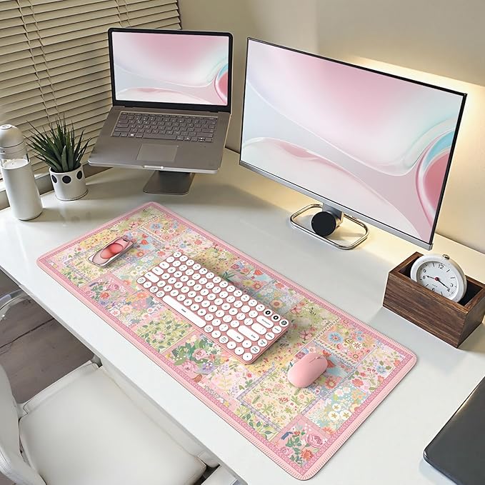 HAOCOO Cute Pink Desk Matt for Desktop, Floral Mouse Pad with Stitched Edge, Desk Protector Mat with Non-Slip Rubber Base, 35.4” x 15.7" Largr Computer Pad for Women Office