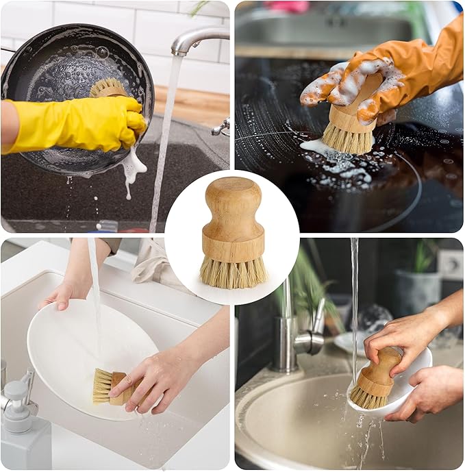 Axigundaone 12 Pack Bamboo Palm Dish Brush Bulk, Bamboo Dish Scrubber, Wood Scrub Dish Brush for Dishes Pans, Pots,Vegetables Cleaning