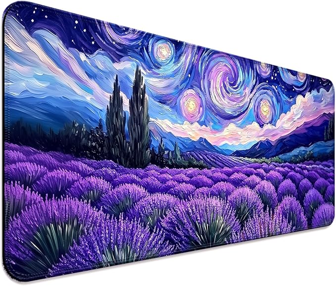 Fantasy Starry Night Lavender Field Gaming Desk Mat, Computer Keyboard Large Extended Long Floral Mouse Pad for Office and Home, XL (W27)