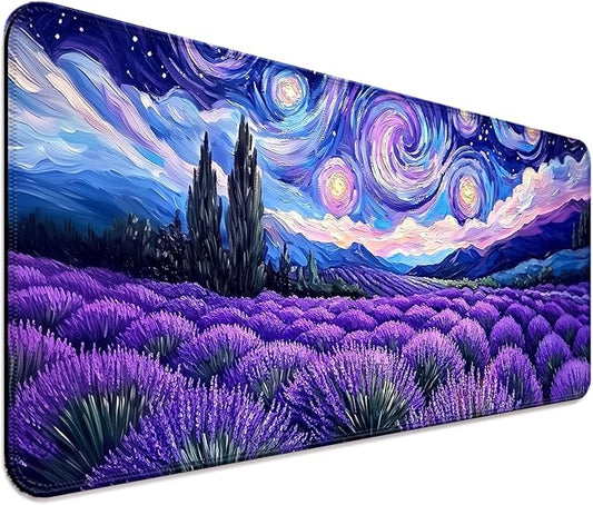 Fantasy Starry Night Lavender Field Gaming Desk Mat, Computer Keyboard Large Extended Long Floral Mouse Pad for Office and Home, XL (W27)