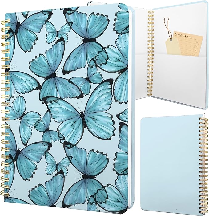Cute Spiral Notebook journal A5 Aesthetic Pretty Floral Design for Women Girls Kawaii with Pocket, 8.5 x 5.7 inch, Blue Butterfly