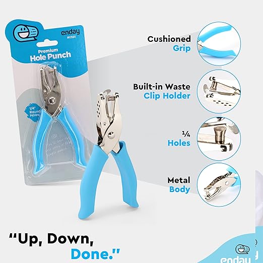 Single Hole Punch Metal Blue, 1/4” Hole Puncher with Soft Grip Handles for Paper and Crafts Round Circle Shape, for Kids and Adults, Also Available in Green, Pink, Red, Purple, Grey, 6 Pc – by Enday
