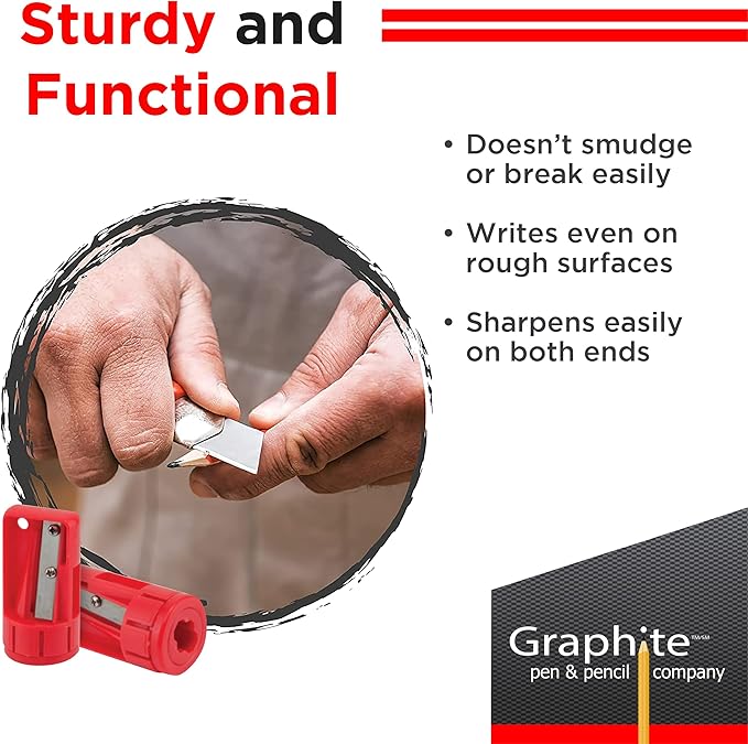 GRAPHITE Hard Lead Carpenter Pencils Bulk - (1) Pack of 12 Pieces Lumber Wooden Pencil #2 (HB) - Black