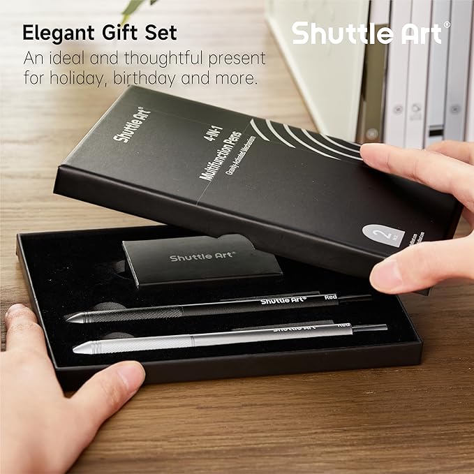 Shuttle Art 4 in 1 Multicolor Pen, 2 Pack Retractable Ballpoint Pens with 1.0mm Black Blue Red Ink and 0.5mm Mechanical Pencil, Multifunction Pens Gift Set for Writing Note Taking School Office Home