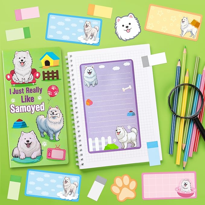 Xqumoi I Just Really Like Samoyed Sticky Notes Set, 550 Sheets, Cute Samoyed Self-Stick Notes Pads Animal Divider Tabs Bundle Writing Memo Pads Page Marker Back to School Office Supplies Small Gift