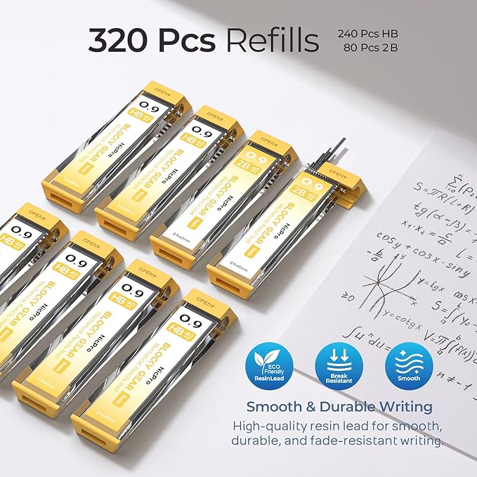 Nicpro Blocky Gear 0.9 mm Mechanical Pencils Set in Case, 3 Pack Metal Pencil 8 Tube with Lead Refills 0.9mm (HB 2B), 3 Erasers for Professional & Adult Art Writing Drafting Drawing