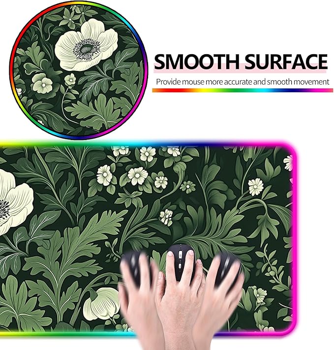 RGB Green Plant Wildflower Gaming Desk Mat, Computer Keyboard Large Extended Long Floral LED Mouse Pad for Office and Home, XL (W26)