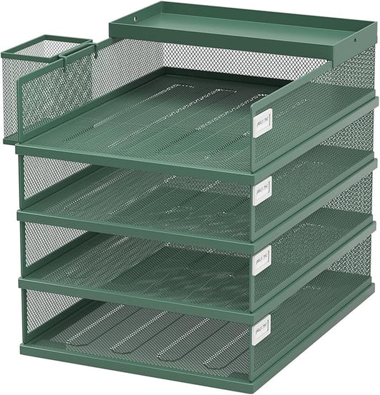 Stackable Letter Trays, 4 Tier Metal Paper Tray & Desk Organizer, Stackable File Trays for Office & Home, Multi-Functional Document Tray with Fine Grid Design & Magnetic Labels,Green