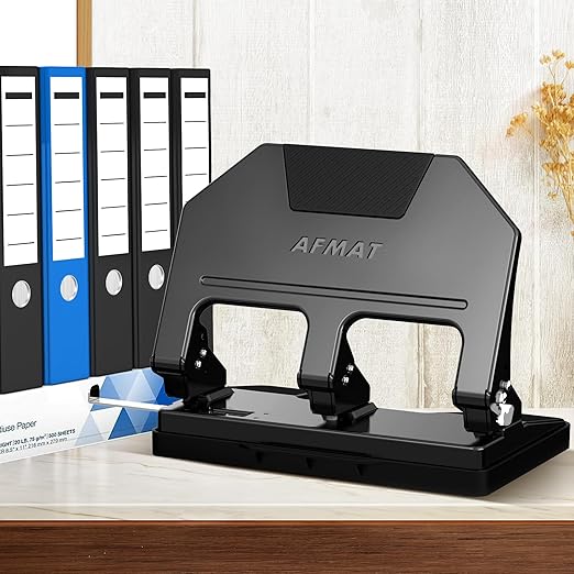 AFMAT HPX3 Heavy Duty 3 Hole Punch, 40-Sheet 3 Hole Puncher for Binder, Metal Three Hole Punch w/ 10,000+ Uses, 50% Reduced Effort, Bulit-in S.S. Paper Guide, Large Chip Tray, Black