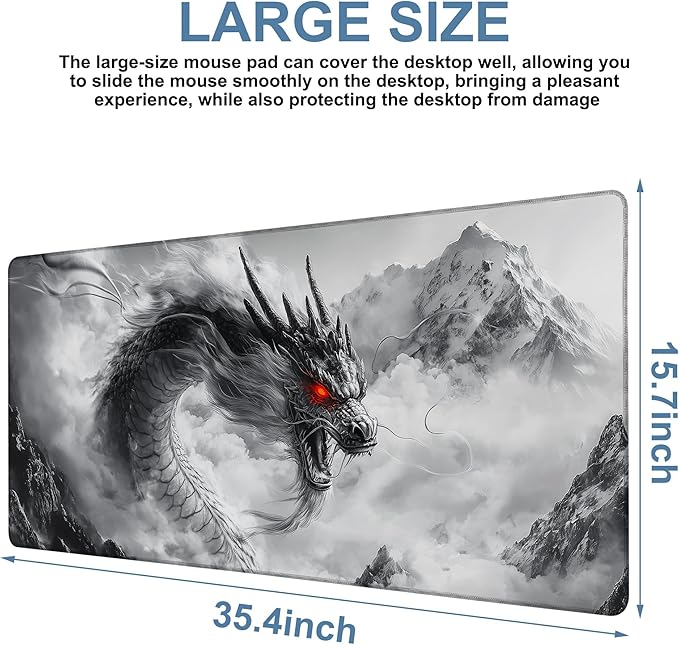 Large Mouse Pad Chinese Dragon Gaming Desk Pad Computer Keyboard Non-Slip Waterproof Mouse Mat with Rubber Base and Stitched Edges Entertainment Office Writing Desk Mat 35.4 x 15.7 Inches