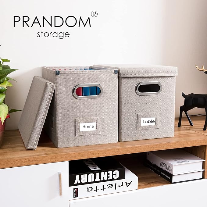 PRANDOM File Organizer Box - Set of 4 Collapsible Decorative Linen Filing Storage Hanging File Folders with Lids Office Cabinet Letter Size Light Grey (14x9.3x10.8 inch)