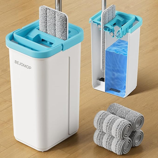 BEJOMOP Mop and Bucket Set with Wringer, Dry & Wet Wall Mop Cleaner with Long Handle, Flat Squeeze Spin Dust Mop for Household Floor Cleaning with 4 Microfiber Mops, Turquoise-Cyan