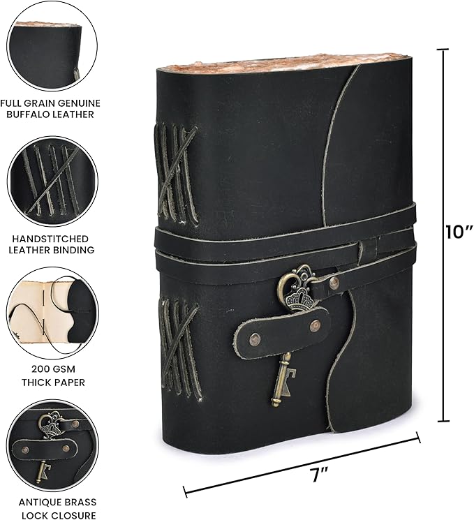 LEATHER VILLAGE Vintage Leather Journal – 200 Handmade Vintage Deckle Edge Paper – Leather bound Journal For Women Men – Vintage Key Closure - Book of Shadows - Black - 10X7 inches