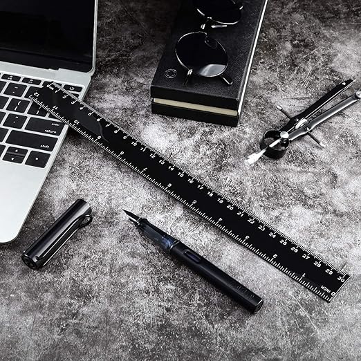 eBoot 2 Pieces Plastic Ruler Straight Ruler 12 Inch Black Plastic Rulers Measuring Tool for School, Home, or Office