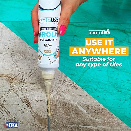 PentaUSA Tile Grout Repair Kit - Beige Grout Filler, Triple Protection, Fast Drying Formula Restores and Renews Joint Lines with Scraper (Beige, 8.8oz / 250gr)