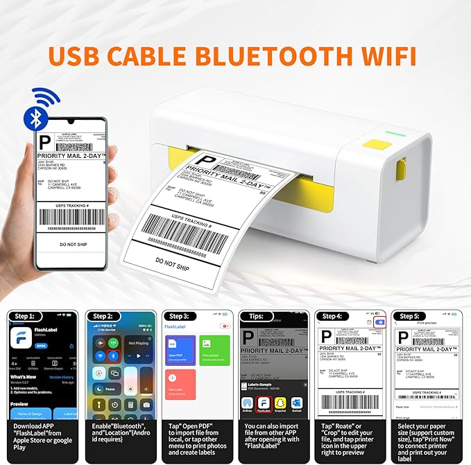 Bluetooth Thermal Shipping Label Printer for Small Business. Includes Paper Holder, 4x6 Labels, 2" Round Stickers, USB C, and E-Book.Compatible with Android, iOS, Windows, Mac.