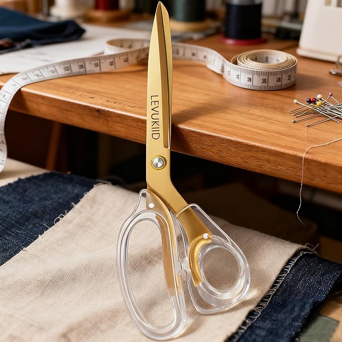 All-Purpose Fabric Scissors - 9 Inch All Purpose Scissors for Adults, Clear Handle, Ideal for Fabric Crafts, Tailor's Shears, Crafting & Office & kitchen/Gold