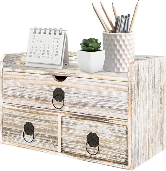 Vintage Wood Desk Organizer, Small Desk Organizer with Drawers, Tabletop Storage Organization Box for Office Home Toiletries Supplies, No Assembly Required (3 Drawer and Shelf)