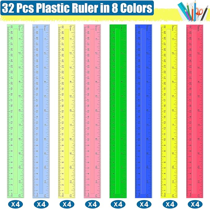 12 Inch Plastic Rulers, 32 PCS Transparent Assorted Color Metric Bulk Rulers with Inches Centimeters Millimeter. Measuring Drawing Tool for Kids, Ideal Back to School Office Home Supplies