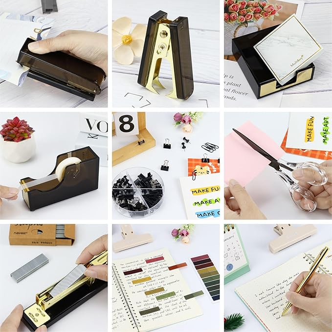 Buqoo Black Acrylic Sticky Notes Holder Stapler and Tape Dispenser Cutter with Staple Remover, Scissor, Ballpoint Pen, Sticky Notes, Paper Clips Set for School Home N Office Supplies