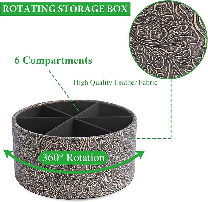 lizimandu Remote Control Holder, 360°Spinning PU Leather Desk TV Remote Caddy,Desk Storage Box Room Accessories for Controller, Media,Mail,Calculator, Mobile Phone,Pencil(1B-Carved Cooper Gold)