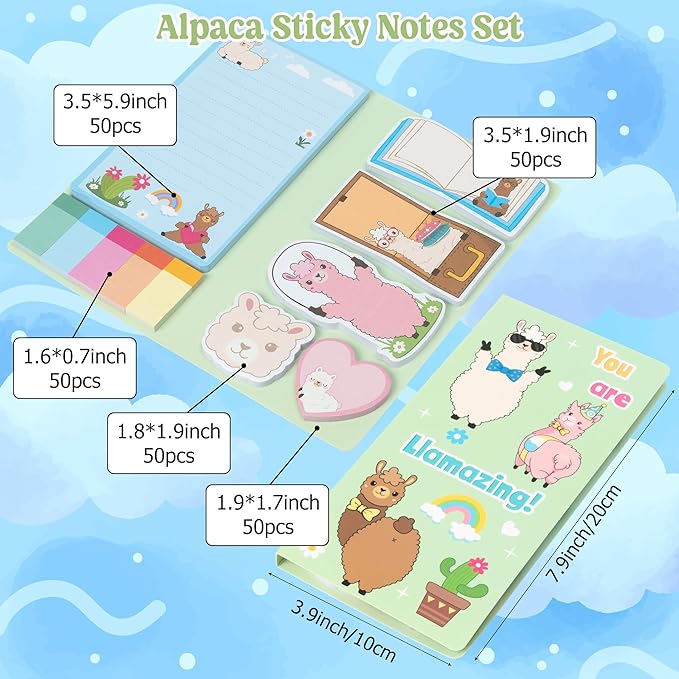 B1ykin Sticky Notes Set, Cartoon Theme Cute Self-Stick Notes Pad Teacher Appreciation Gifts， Self-Adhesive Writing Memo Pages Sticky to Do Notepad Thank You Gift for School Classroom (Amazing Alpaca)
