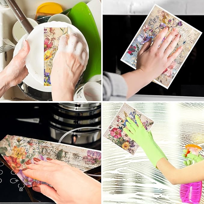 Vintage Flower Swedish Dishcloths for Kitchen - 6PCS Floral Swedish Cloths for Washing Dishes Reusable, Wildflower Washable Kitchen Towels, Reusable Sponge Cloths for Home Party Housewarming