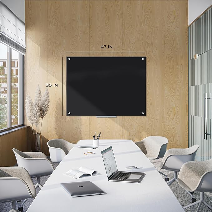 U Brands Glass Dry Erase Board, 36" x 48", Black Surface With Silver Grommets, Frameless, Includes Marker With Eraser