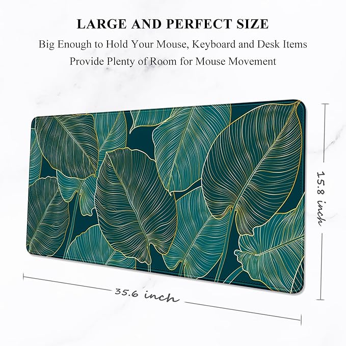 Auhoahsil Desk Mat, Ultra Large Mouse Pad, XXL Gaming Mousepad, Green Tropical Leaves Deskpad, Big Extended Full Size Mouse Pad, Desktop Desk Matt for Keyboard, Laptop & Computer, 35.5 x 15.7 in