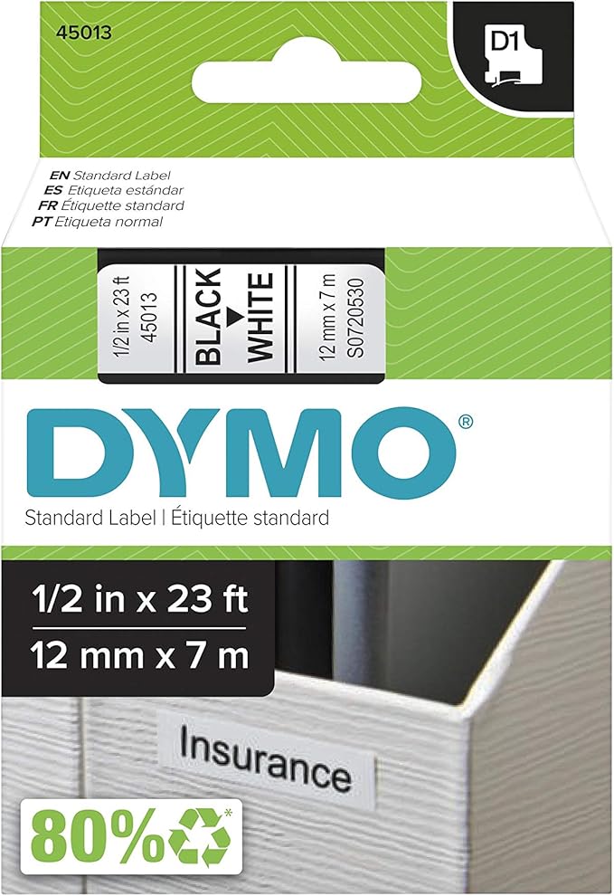 DYMO D1 Labels 1/2-Inch x 23-Foot Roll Black Print on White Self-Adhesive For LabelManager Label Makers