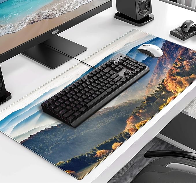 Large Extended Gaming Mouse Pad with Stitched Edges, Non-Slip Waterproof Rubber Base Mouse Pad for Office, Computer, Keyboard, Laptop and Home Desk Pad 35.4 x 15.7 x 0.12 Inch (Mountain Landscape)