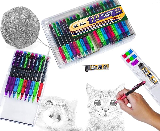June Gold 72 Mechanical Pencils, 0.9 mm HB #2 Lead, 2 Dispensers/w 160 Graphite Refills & 16 Refill Erasers, Break Resistant Lead, Convenient Side Click & Soft Non-Slip Grip