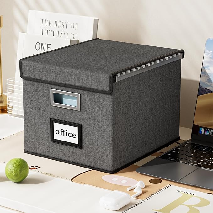 Huolewa File Organizer Box with Lid, Collapsible File Folder Organizer for Office Document Storage, Filing Box with Plastic Slide for Letter/Legal Size Hanging Files, Dark Grey