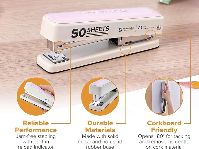 Bostitch Titan Heavy Duty Metal Stapler, 50 Sheet Capacity with 1250 Staples and Ergonomic Staple Remover, Jam Free Stapling, Full Strip Stapler for Desk, Office and Classroom, Pink & White