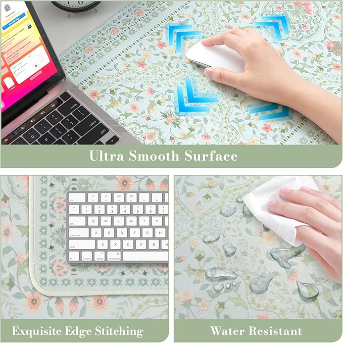 HAOCOO Light Green Computer Pad for Women, Cute Desk Mat with Stitched Edges,Waterproof 35.4" x 15.7" Big Mouse Pad, Anti-Slip Drom Topper Matt, Desk Protector Office Decor