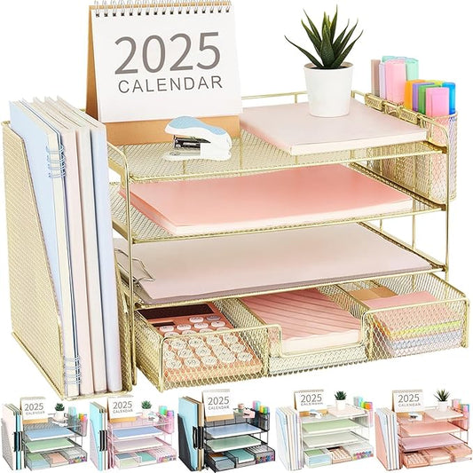 gianotter Desk Organizers and Accessories with File Holder, 4-Tier Desk Accessories & Workspace Organizers with Drawer and 2 Pen Holder, Paper Organizer for Office Supplies(Gold)