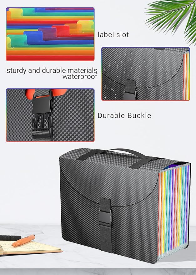 Accordion File Organizer/Expanding File Folders/Portable File Box,13 Pockets Accordian Filing Folder with Handle for Document Paper Receipt Bill Organizer,A4/Letter Size,Colored Tabs,Black Diamond
