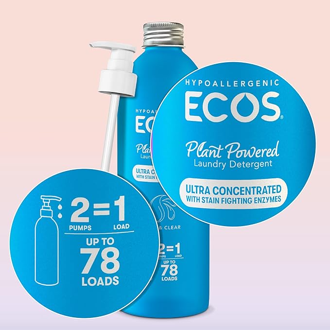 ECOS Ultra Concentrated Liquid Laundry Detergent, Sustainable Aluminum Bottle, Up to 78 Washer Loads - Hypoallergenic Laundry Soap - High Efficiency & Standard Machine Washing - Free & Clear, 16 Fl Oz