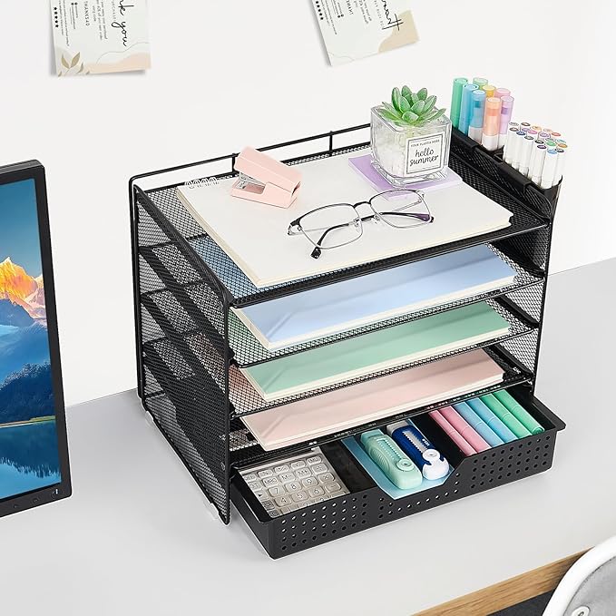 5-Tier Paper Organizer Letter Tray with Drawer & 2 Pen Holders, Desk Organizer and Accessories for Desktop File Workspace Organization, Office Desk Accessories Office Supplies Storage (Black)