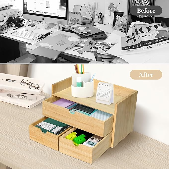 Bamboo Desk Organizer, Desktop Organizer with 3 Drawer, Tabletop Storage Organization Box for Bills, Countertop, Home Office Supplies