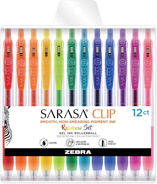 Zebra Pen Sarasa Clip Retractable Gel Pen, 0.5mm Fine Point, Rainbow Assorted Colors, Ideal for School Supplies and Teacher Supplies, 12-Pack (44100)