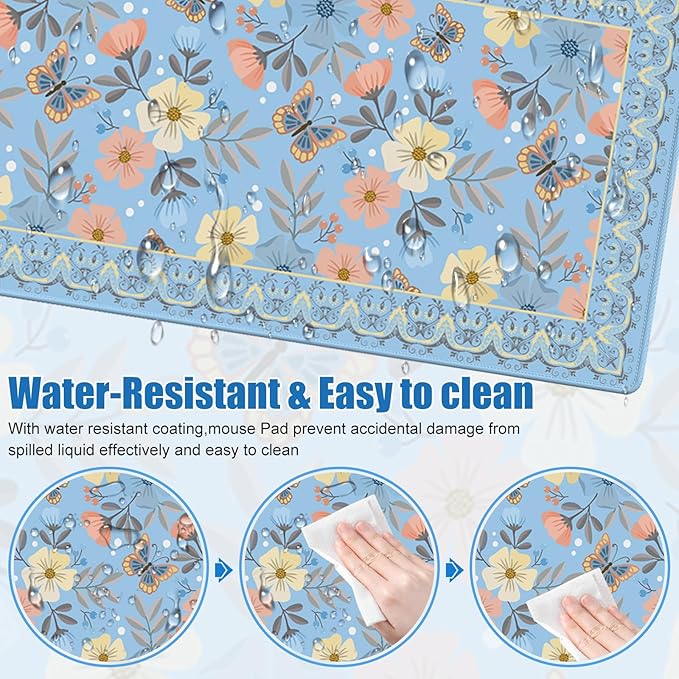 Blue Floral Desk Mat, Large Desk Matt for Desktop, Cute Women Deskpad Mat, XXL Big Mouse Pad for Deskpc, Anti-Slip Mousepad with Stitched Edges, Keyboard Pad Mouse pat Cover for Computer 35.4×15.7 in