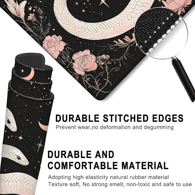 Gaming Mouse Pad, White Snake and Starry Moon Flower Large Desk Mat for Keyboard and Mouse,Non-Slip Rubber Base and Stitched Edges Desk Pad for Home Office 35.4x15.7in