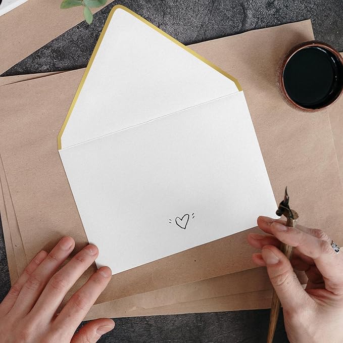 A7 White Envelopes 50 Pcs, Goefun 5x7 V-Flap Fancy Envelopes with Gold Border, for Invitation, Bridal Shower, Wedding, 5.25 x 7.25in