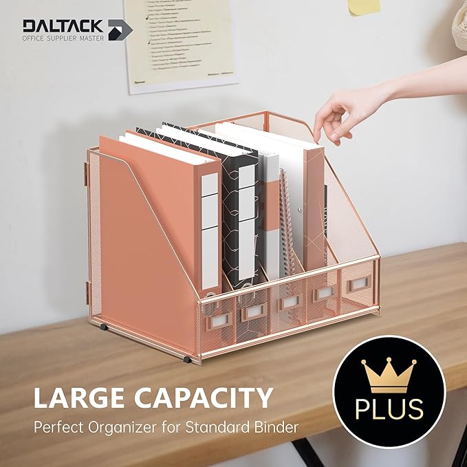 DALTACK Desk Organizers Metal Magazine File Holder with 5 Vertical Compartments Folder Storage Binder Organizer for Office Home School Organization, Rose Gold, Plus