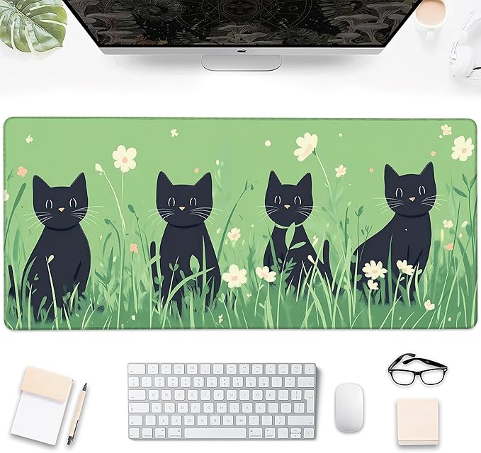 Gaming Mouse Pad, Anime Black Cats and Flowers Large Desk Mat for Keyboard and Mouse,Non-Slip Rubber Base and Stitched Edges Desk Pad for Home Office 35.4x15.7in