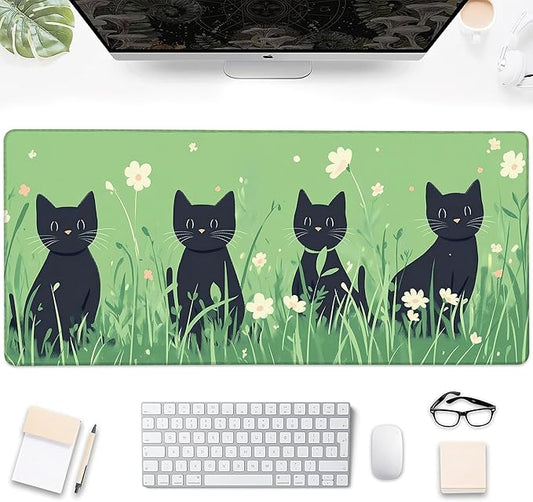 Gaming Mouse Pad, Anime Black Cats and Flowers Large Desk Mat for Keyboard and Mouse,Non-Slip Rubber Base and Stitched Edges Desk Pad for Home Office 35.4x15.7in
