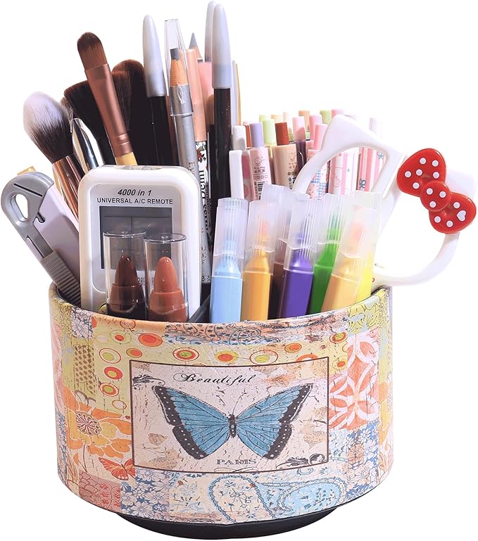 360° Rotate Desk Pen Organizer, Makeup Brush Holder Organizer, Makeup Organizers Countertop, TV Remote Control Holder,Leather Remote Caddy,Dual-Purpose Art Supply Pencil Cup (Blue Butterfly)