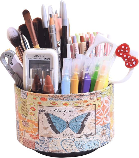 360° Rotate Desk Pen Organizer, Makeup Brush Holder Organizer, Makeup Organizers Countertop, TV Remote Control Holder,Leather Remote Caddy,Dual-Purpose Art Supply Pencil Cup (Blue Butterfly)