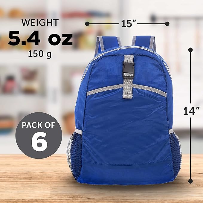 DISCOUNT PROMOS Lightweight Travel Packable Backpacks Set of 6, Bulk Pack - Perfect for Camping, Outdoor Sports - Blue